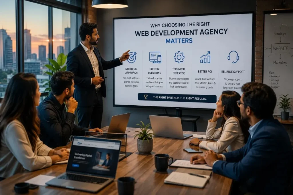 Consultant presenting web development agency benefits to business team
