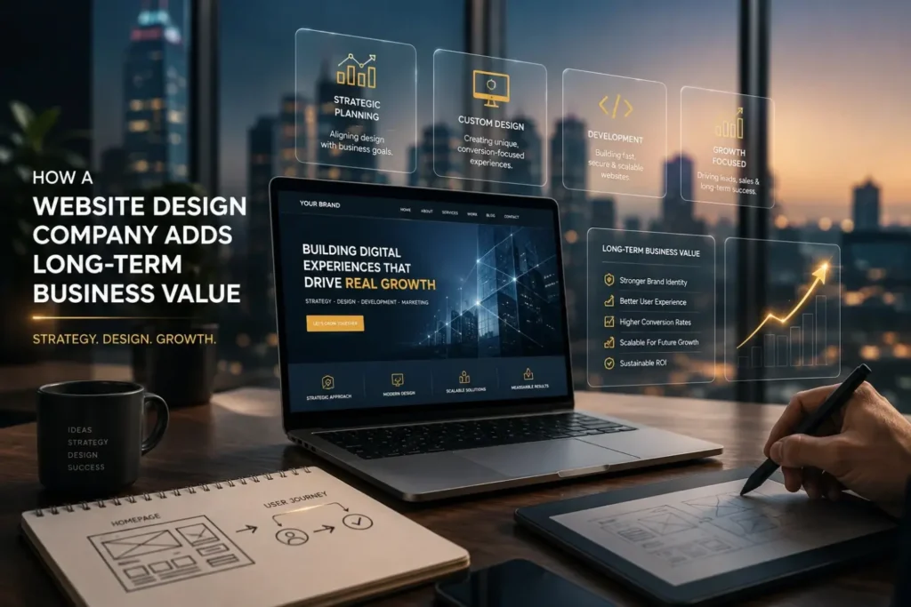  Laptop showing website strategy, design, and growth process icons