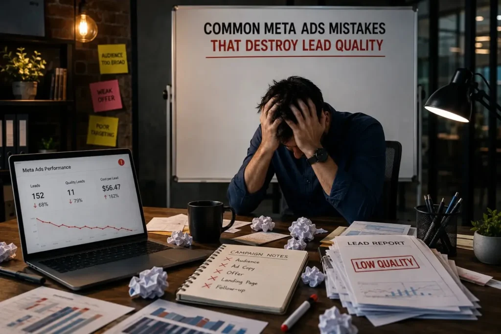 Man stressed over declining Meta Ads performance and low quality lead report
