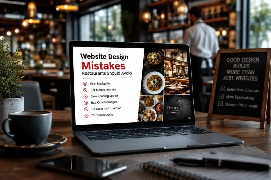 Laptop listing common restaurant website design mistakes to avoid