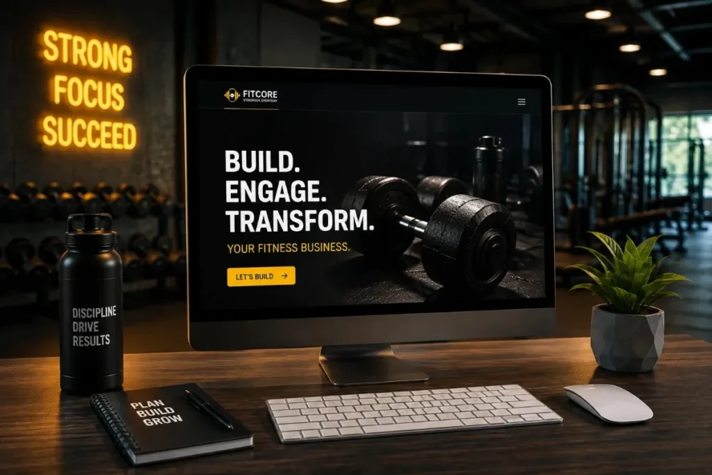FitCore gym website homepage displayed on desktop monitor in a gym 