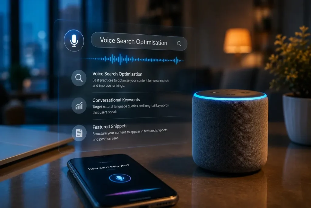 Voice search optimisation illustrated with smart speaker and phone 