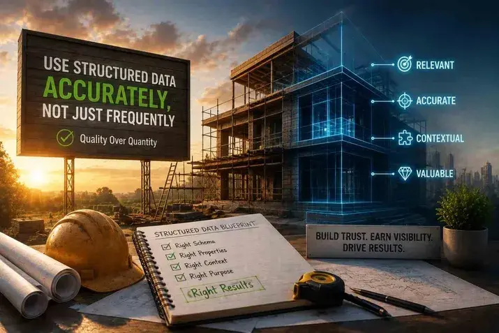 Construction-themed graphic promoting accurate structured data over quantity

