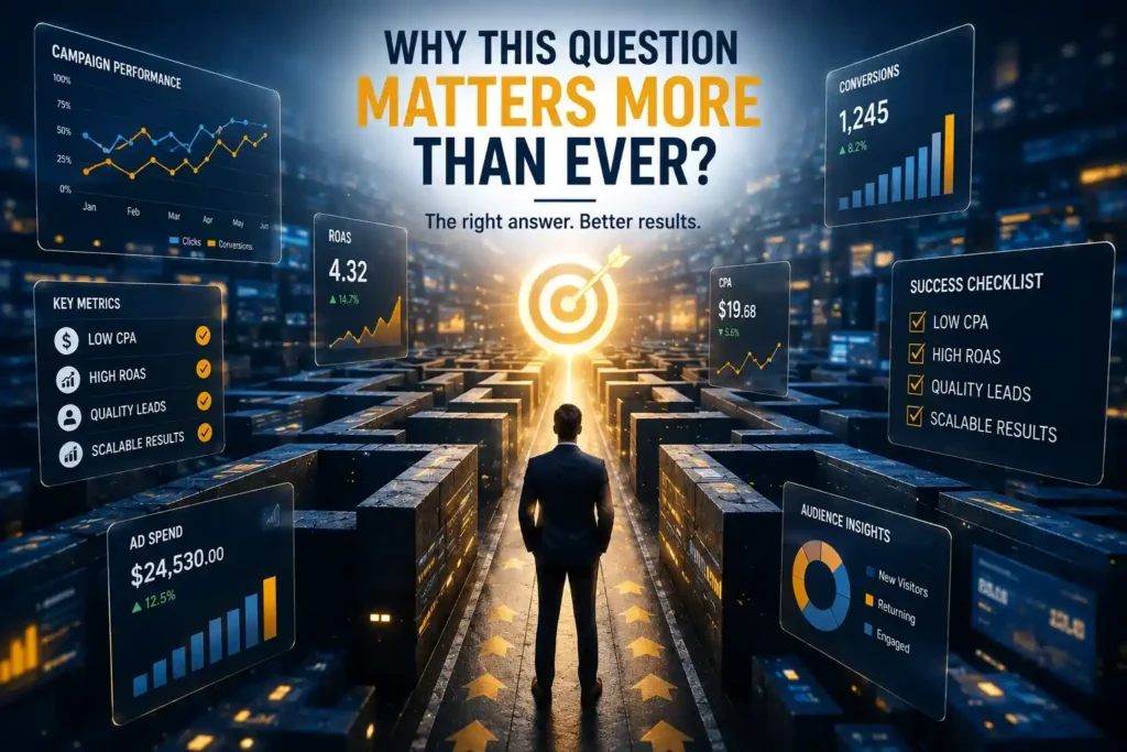 Silhouette approaching glowing target amid campaign data cards on ROAS, CPA, and conversions
