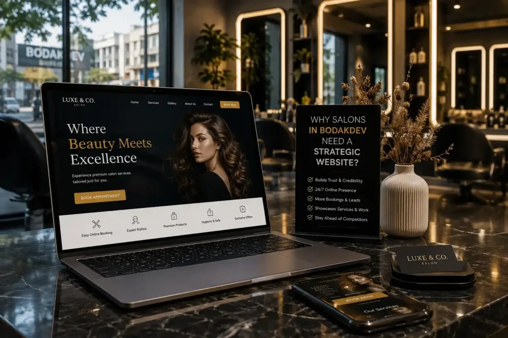 Luxe & Co. Salon website mockup on laptop inside a modern salon interior
