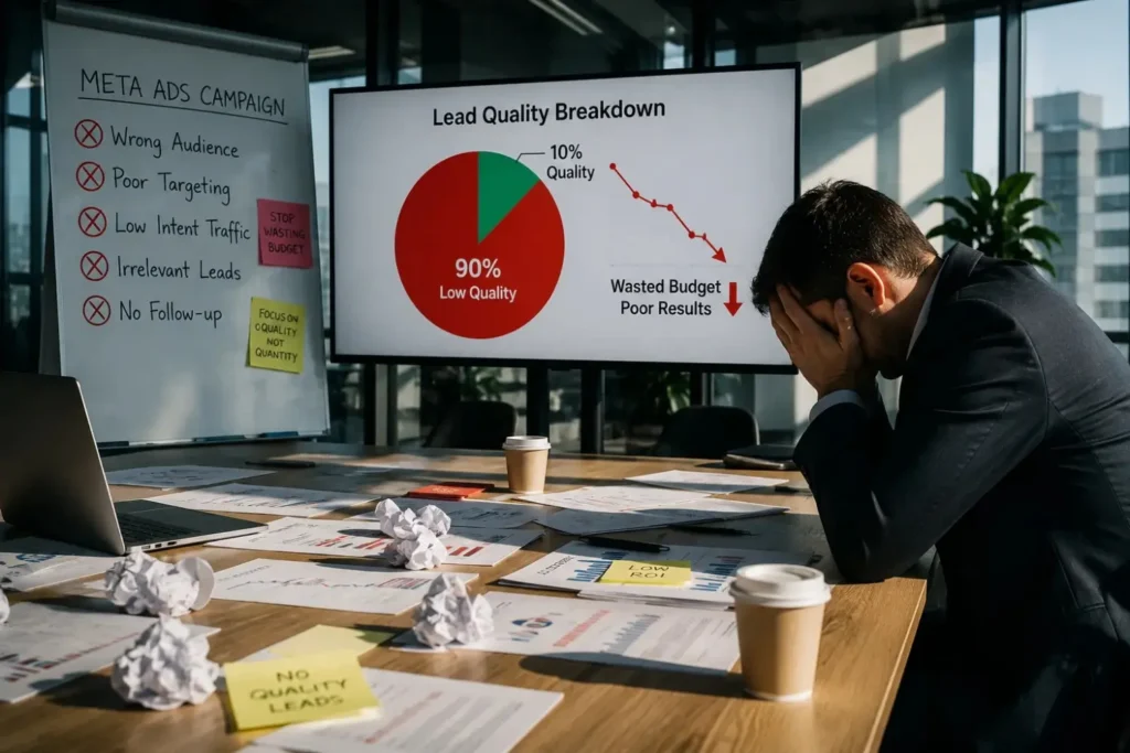 Stressed businessman facing 90% low quality leads chart from Meta Ads campaign 