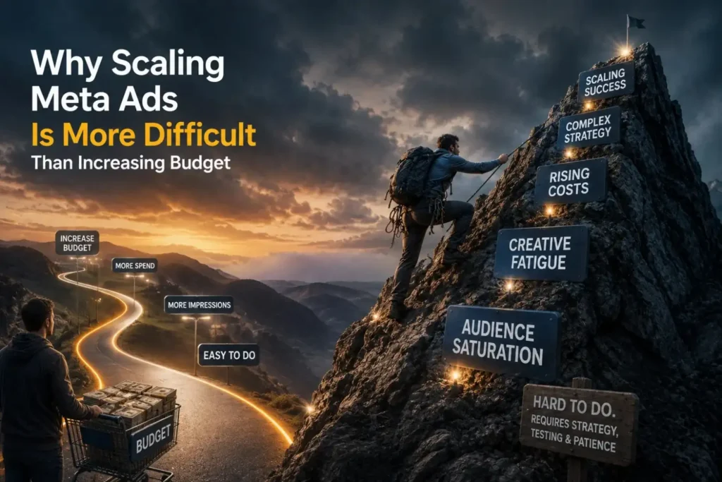 Infographic contrasting easy budget increases with the harder climb of scaling ads
