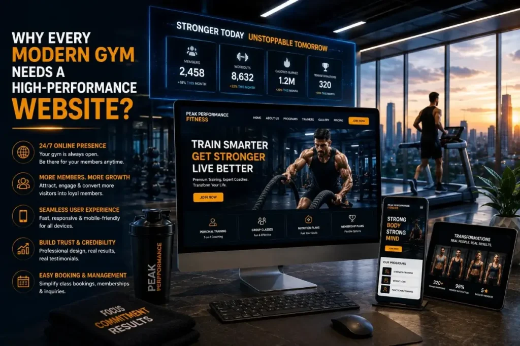 Gym website stats dashboard showing members, workouts, and transformations
