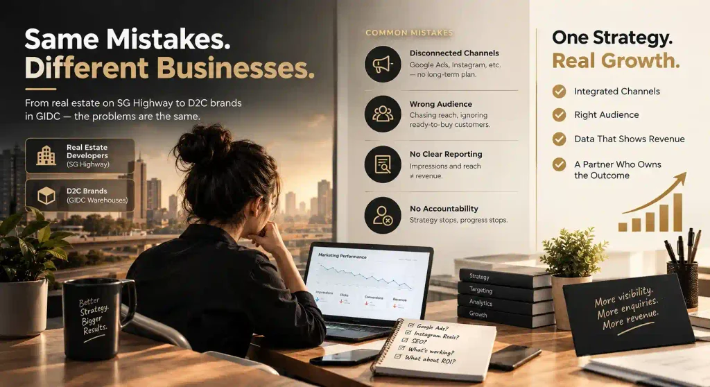 Infographic showing common digital marketing mistakes vs one integrated growth strategy