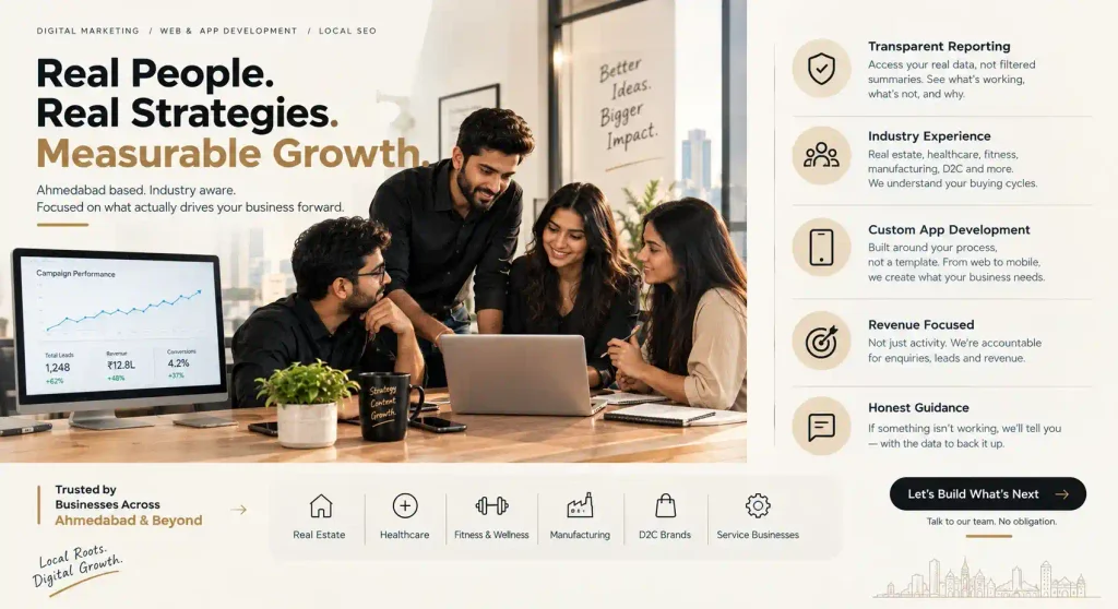 Digital marketing team reviewing campaign performance data and industry expertise