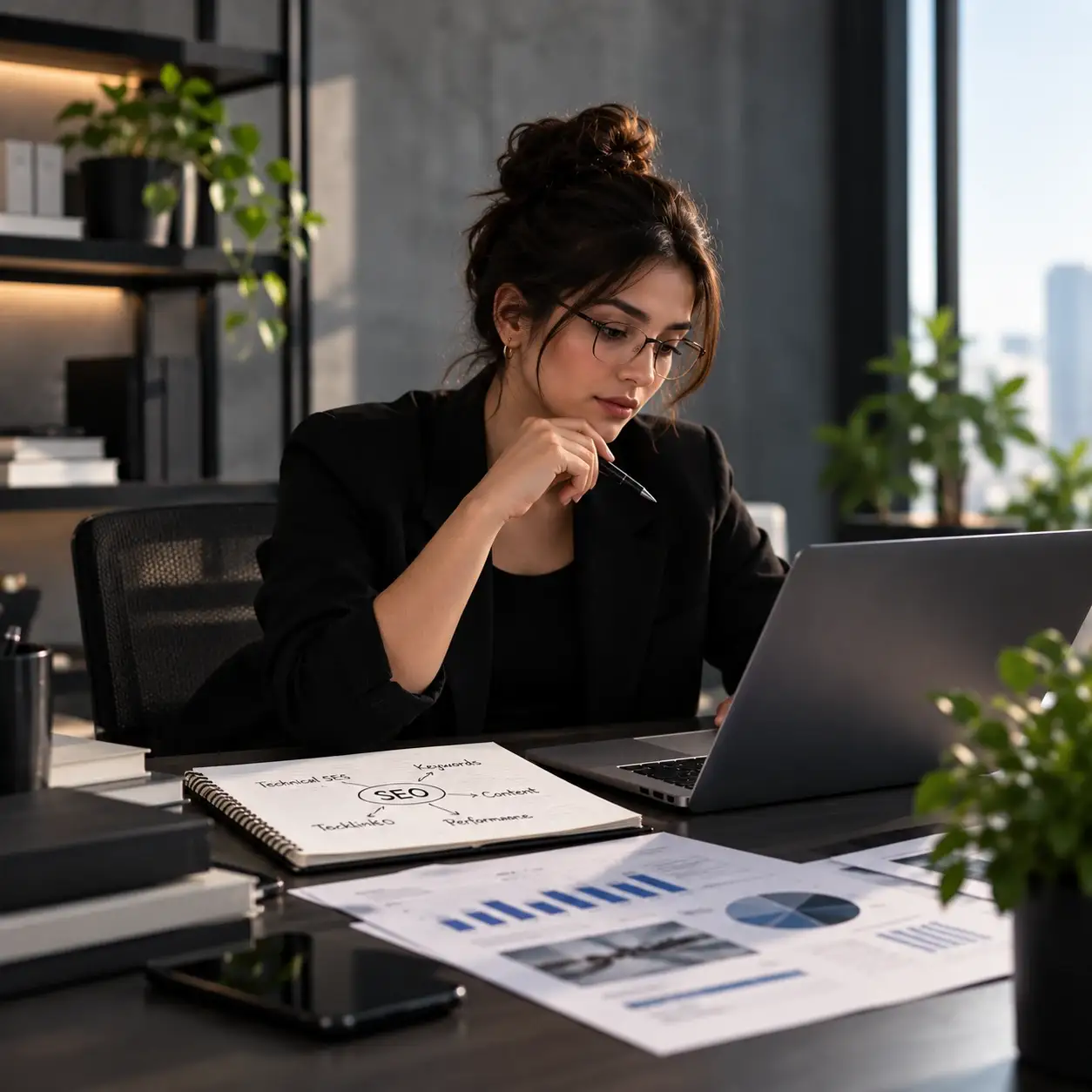 Woman reviewing SEO strategy notes and performance charts at her desk
