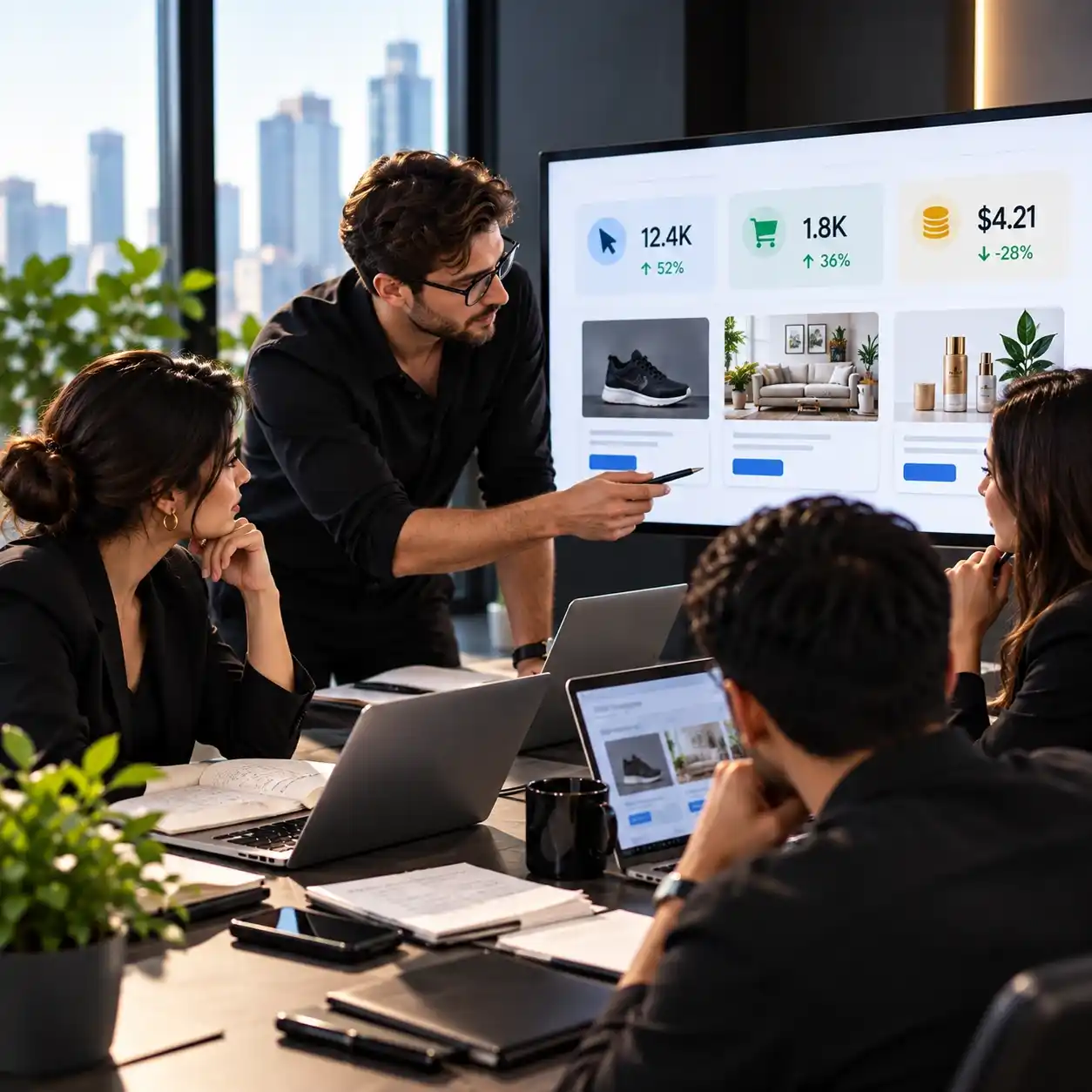 Team presenting ecommerce campaign analytics with product images on screen