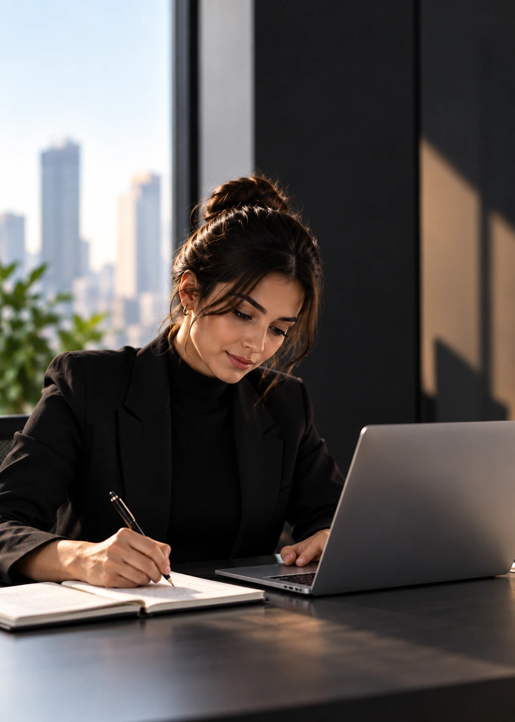 Woman taking notes by hand while working on laptop with city view behind her