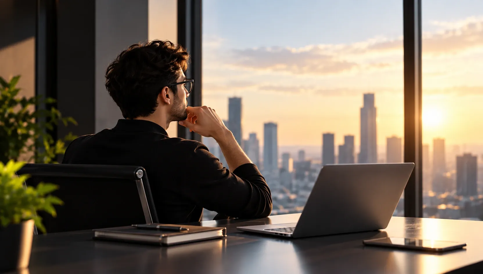 Man thinking while looking out at city skyline from his desk at sunset