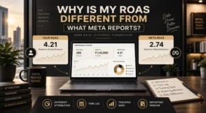 Laptop dashboard comparing 4.21 actual ROAS vs 2.74 Meta-reported ROAS