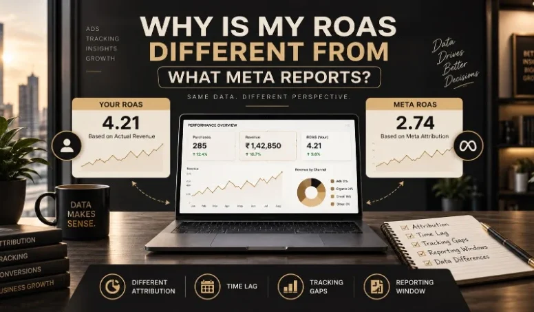 featured image Laptop dashboard comparing 4.21 actual ROAS vs 2.74 Meta-reported ROAS