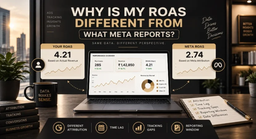 Laptop dashboard comparing 4.21 actual ROAS vs 2.74 Meta-reported ROAS