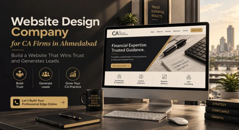 CA firm website mockup on desktop screen with trust and growth icons