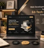 Laptop mockup of ed-tech web development services homepage on a desk