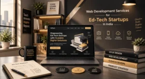 Laptop mockup of ed-tech web development services homepage on a desk