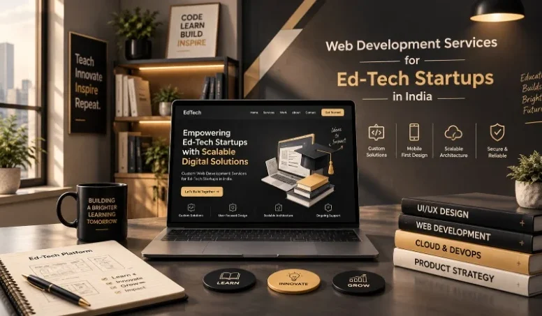 Laptop mockup of ed-tech web development services homepage on a desk