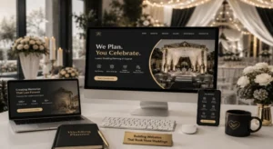 Luxury wedding planning website mockup shown on desktop, laptop, and phone screens