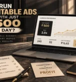 Laptop showing a ₹500 daily ad budget with 3.8x ROAS beside a strategy notebook