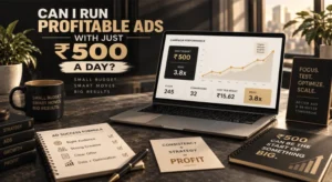 Laptop showing a ₹500 daily ad budget with 3.8x ROAS beside a strategy notebook