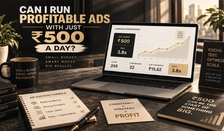 Laptop showing a ₹500 daily ad budget with 3.8x ROAS beside a strategy notebook