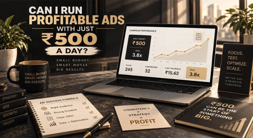 Laptop showing a ₹500 daily ad budget with 3.8x ROAS beside a strategy notebook