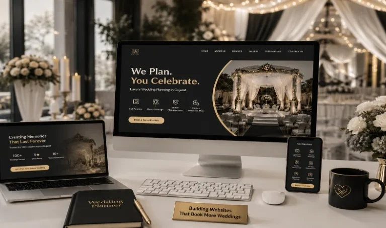 featured image Luxury wedding planning website mockup shown on desktop, laptop, and phone screens