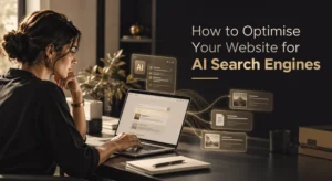 Woman using a laptop to optimise her website for AI search engines