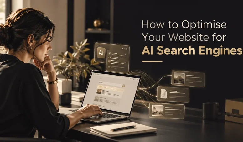 Woman using a laptop to optimise her website for AI search engines