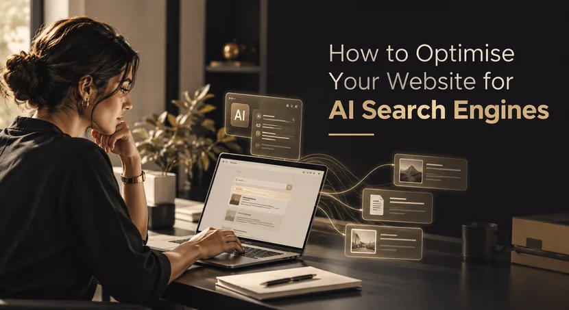 Woman using a laptop to optimise her website for AI search engines