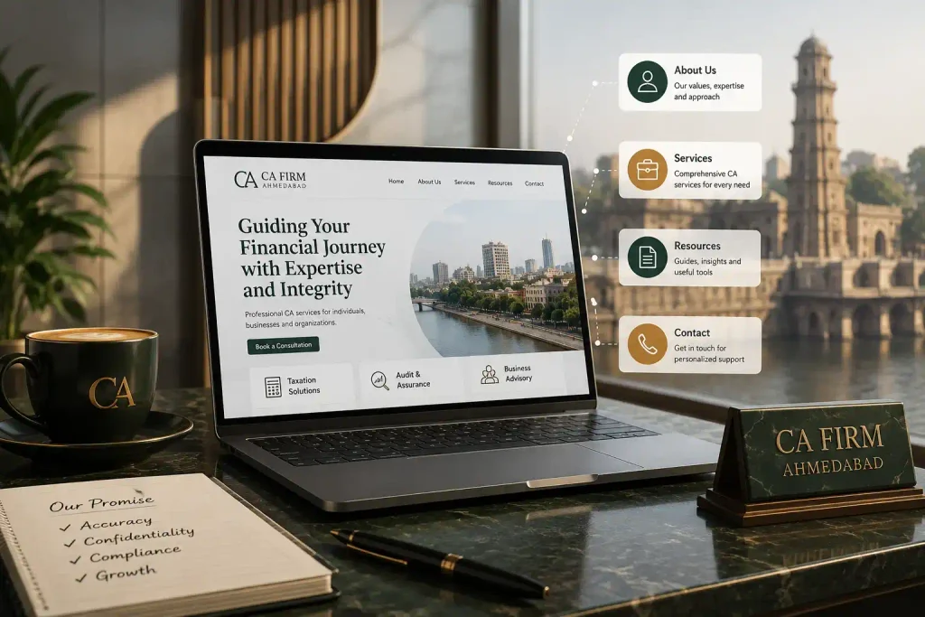 CA firm homepage on laptop with About, Services, Resources, Contact menu