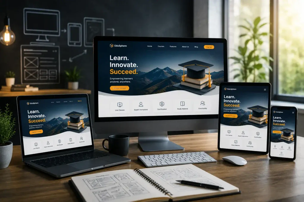 Responsive ed-tech website design mockup on multiple devices
