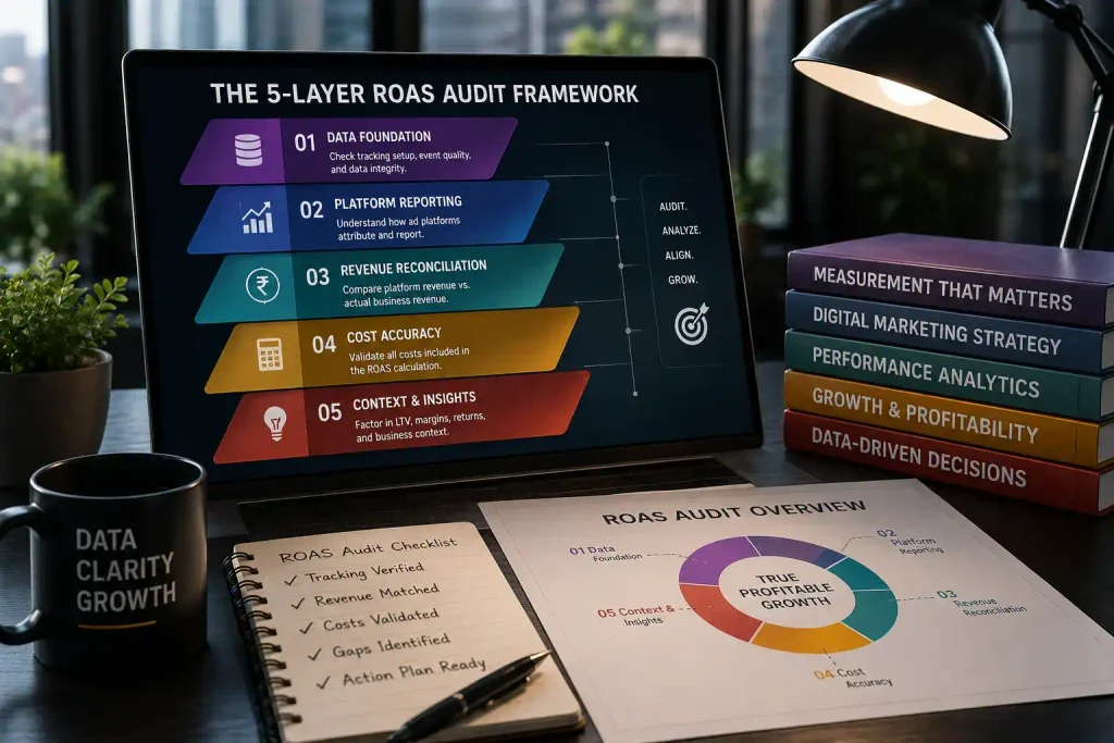 Five-step ROAS audit framework: data, reporting, revenue, cost, insights
