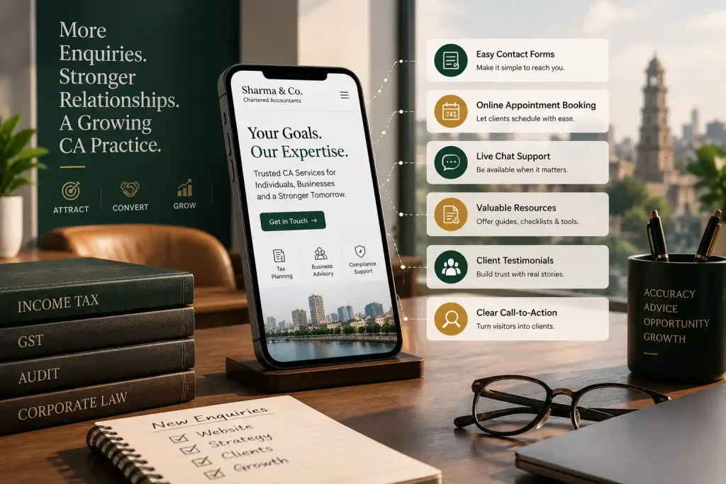 Smartphone showing CA firm site with client engagement feature list
