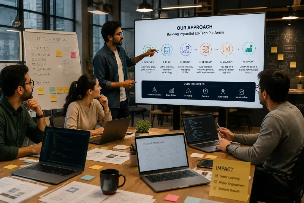 Developers in meeting reviewing ed-tech platform discovery-to-growth process
