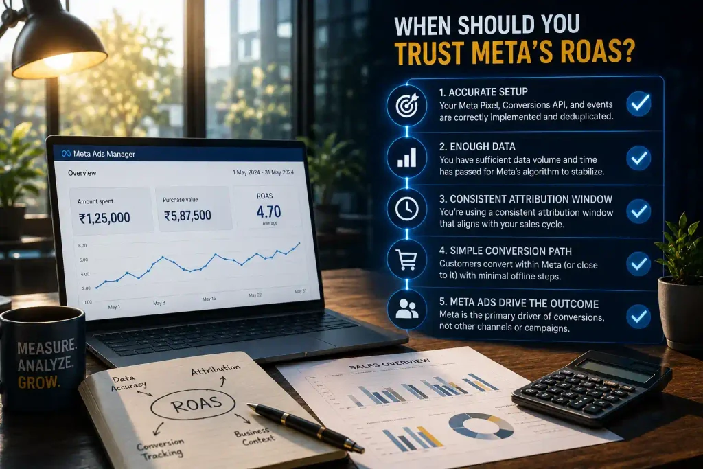 Laptop dashboard with checklist on accurate setup and attribution windows
