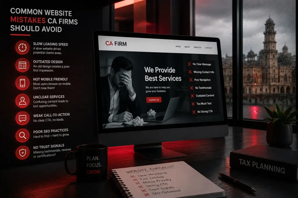 Desktop screen showing weak CA website design and common errors