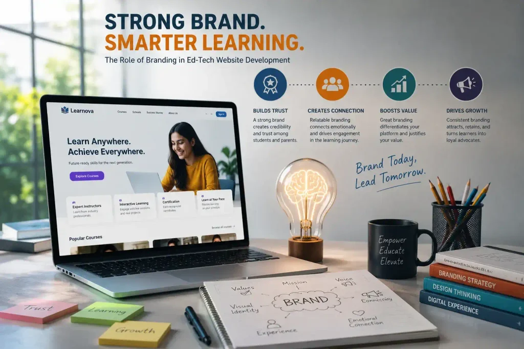 Learnova website mockup with four branding benefits: trust, connection, value, growth