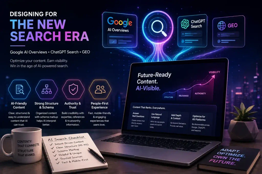 AI-era content strategy laptop display with search visibility icons