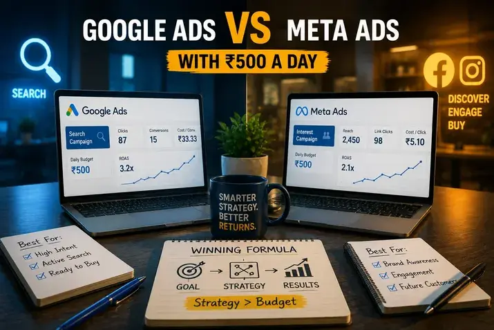 Split-screen of Google search ads and Meta ads dashboards showing ROAS results
