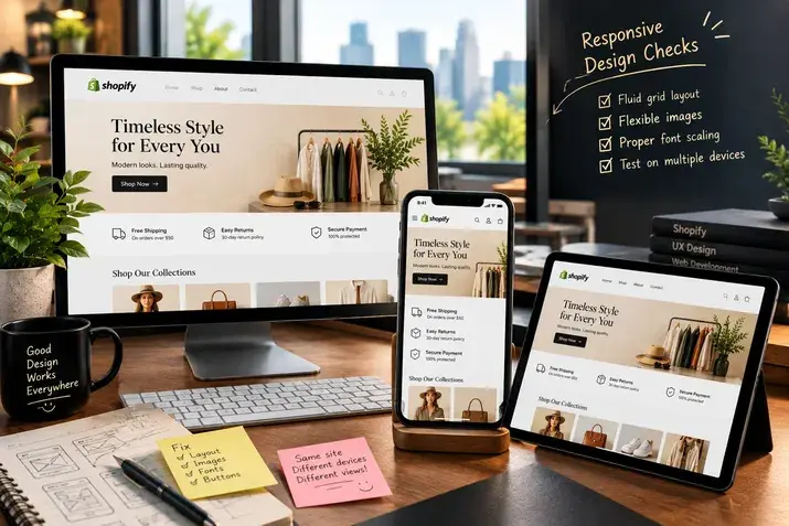 Responsive Shopify site on three devices beside a chalkboard of design checks