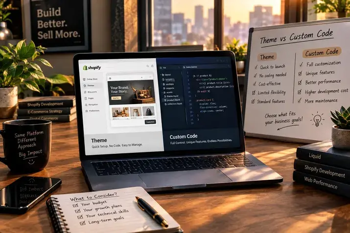 Laptop comparing a Shopify theme editor with custom Liquid code beside a pros and cons board
