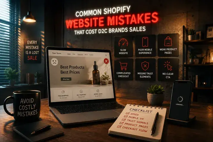 Laptop showing common Shopify mistakes that cost D2C brands sales
