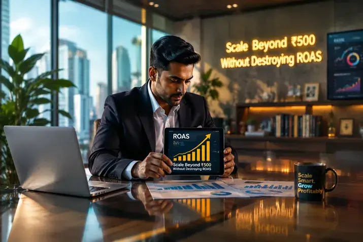 Marketer reviewing a ROAS bar chart on a tablet in an office, scaling ad budget smartly
