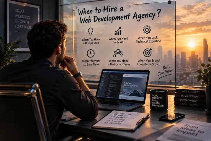 Developer looking at a glass board listing reasons to hire a web development agency