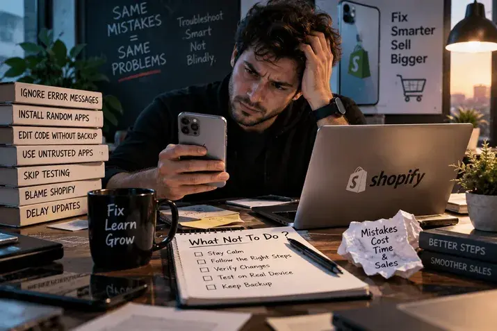 Stressed man checking his iPhone at a desk with a Shopify laptop and a list of mistakes